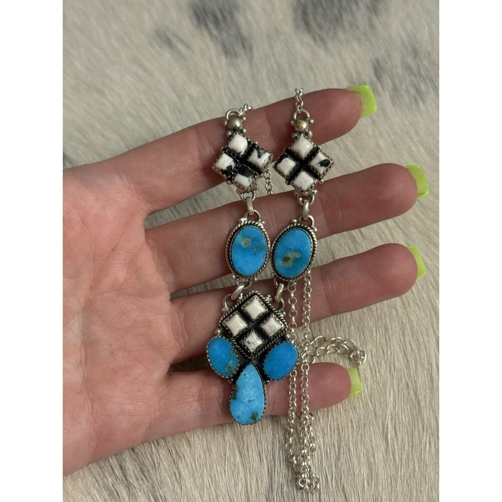 Sterling Silver Blue Kingman Turquoise White Buffalo Nugget Cluster Necklace 21” - Picture 2 of 16